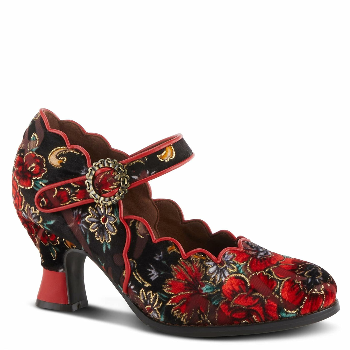 Spring Step L'Artiste Adodora Mary Jane Heeled Shoes for Women - Hand Painted Floral Tapestry, Hook and Loop with Velvet Lining Cushioned Insole, 2.5? Heel, Red Multi EU 37 / US 6.5-7