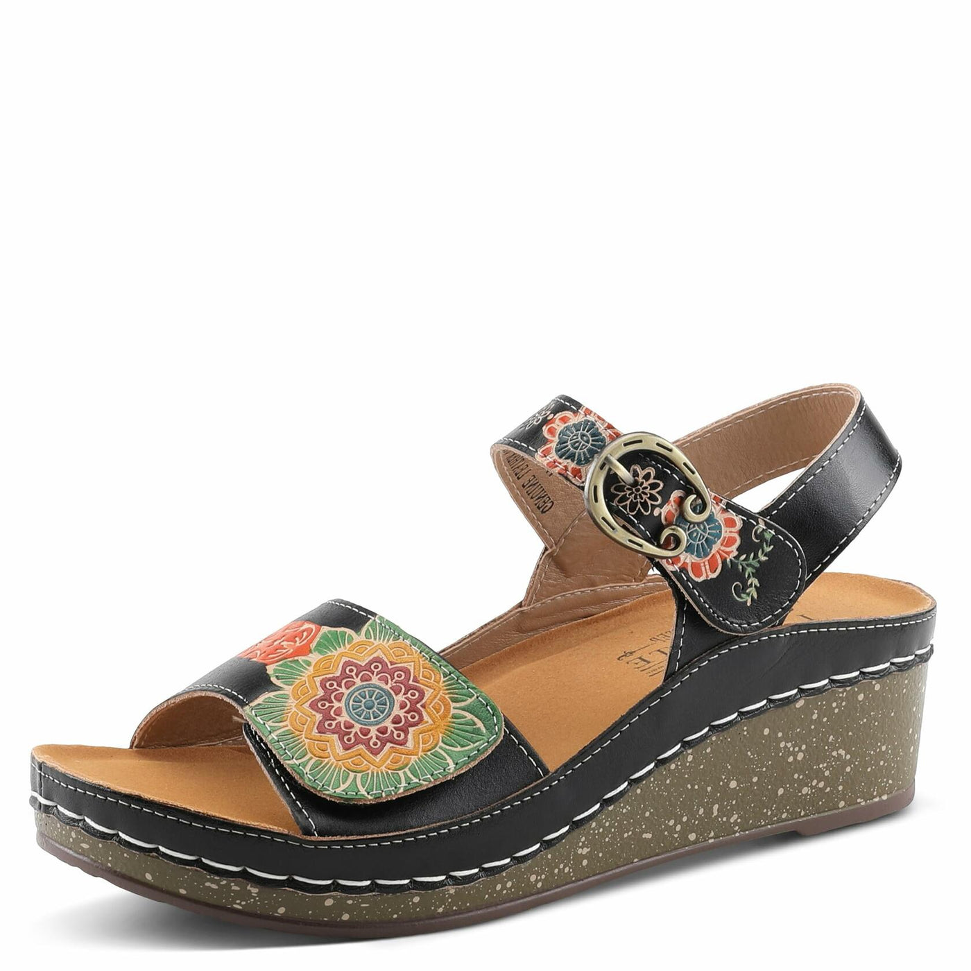 L'Artiste Women's ROSHNI Slingback Sandals – Hand-Painted Leather Floral Wedge with Adjustable Comfort Straps Natural Multi EU 39/8.5