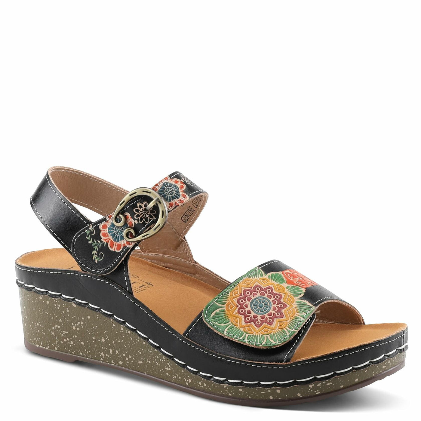 L'Artiste Women's ROSHNI Slingback Sandals – Hand-Painted Leather Floral Wedge with Adjustable Comfort Straps Blue Multi EU 40/9