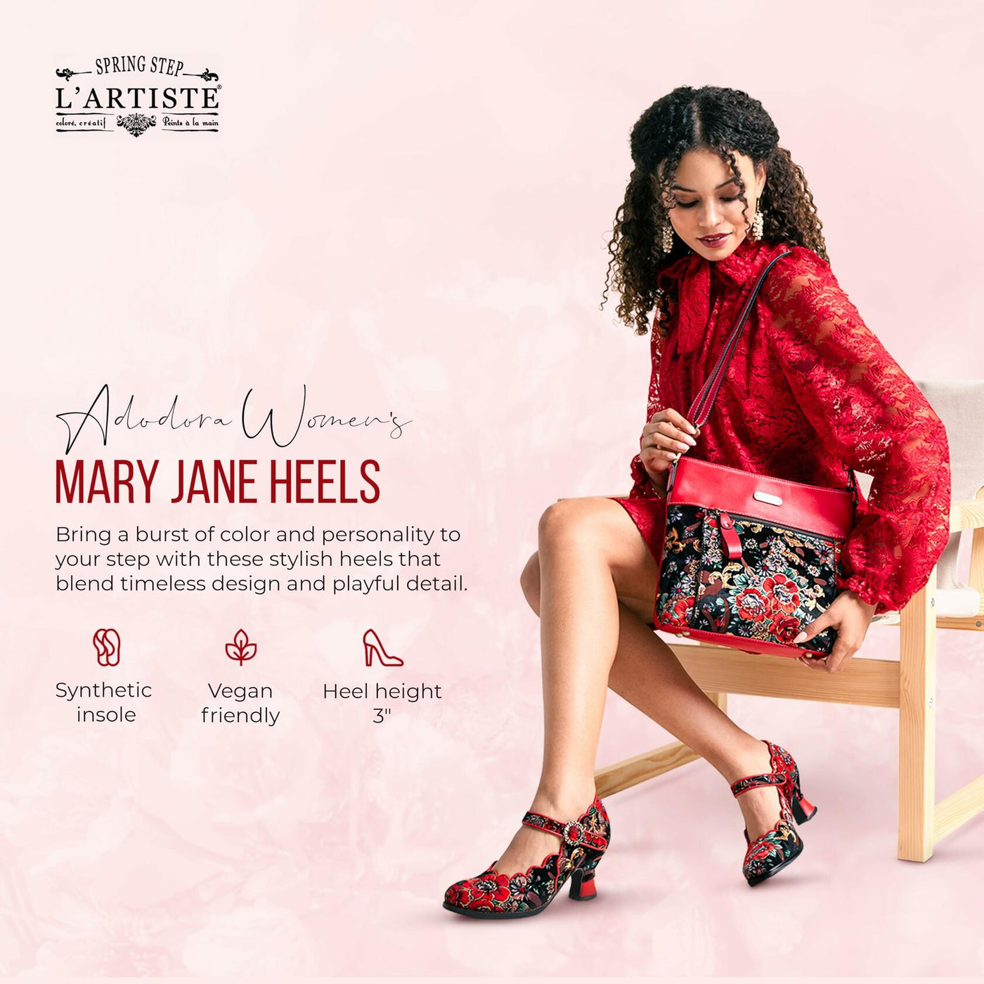 Spring Step L'Artiste Adodora Mary Jane Heeled Shoes for Women - Hand Painted Floral Tapestry, Hook and Loop with Velvet Lining Cushioned Insole, 2.5? Heel, Red Multi EU 37 / US 6.5-7