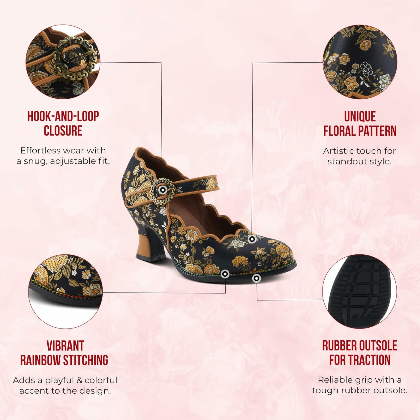 Spring Step L'Artiste Adodora Mary Jane Heeled Shoes for Women - Hand Painted Floral Tapestry, Hook and Loop with Velvet Lining Cushioned Insole, 2.5? Heel, Red Multi EU 37 / US 6.5-7