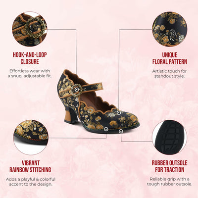 Spring Step L'Artiste Adodora Mary Jane Heeled Shoes for Women - Hand Painted Floral Tapestry, Hook and Loop with Velvet Lining Cushioned Insole, 2.5? Heel, Red Multi EU 37 / US 6.5-7