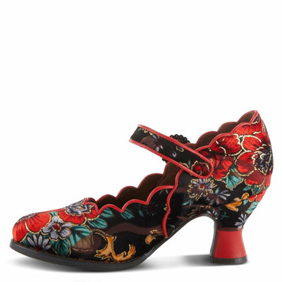Spring Step L'Artiste Adodora Mary Jane Heeled Shoes for Women - Hand Painted Floral Tapestry, Hook and Loop with Velvet Lining Cushioned Insole, 2.5? Heel, Red Multi EU 37 / US 6.5-7