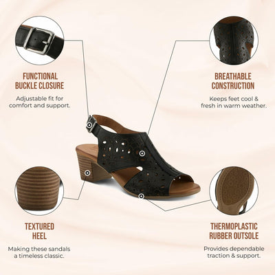 Spring Step Kovach Women's Leather Sandals – Sandals for Women with Premium Buttery Leather, Perforated Design, Buckle Closure, Comfort Footbed Black, 8.5