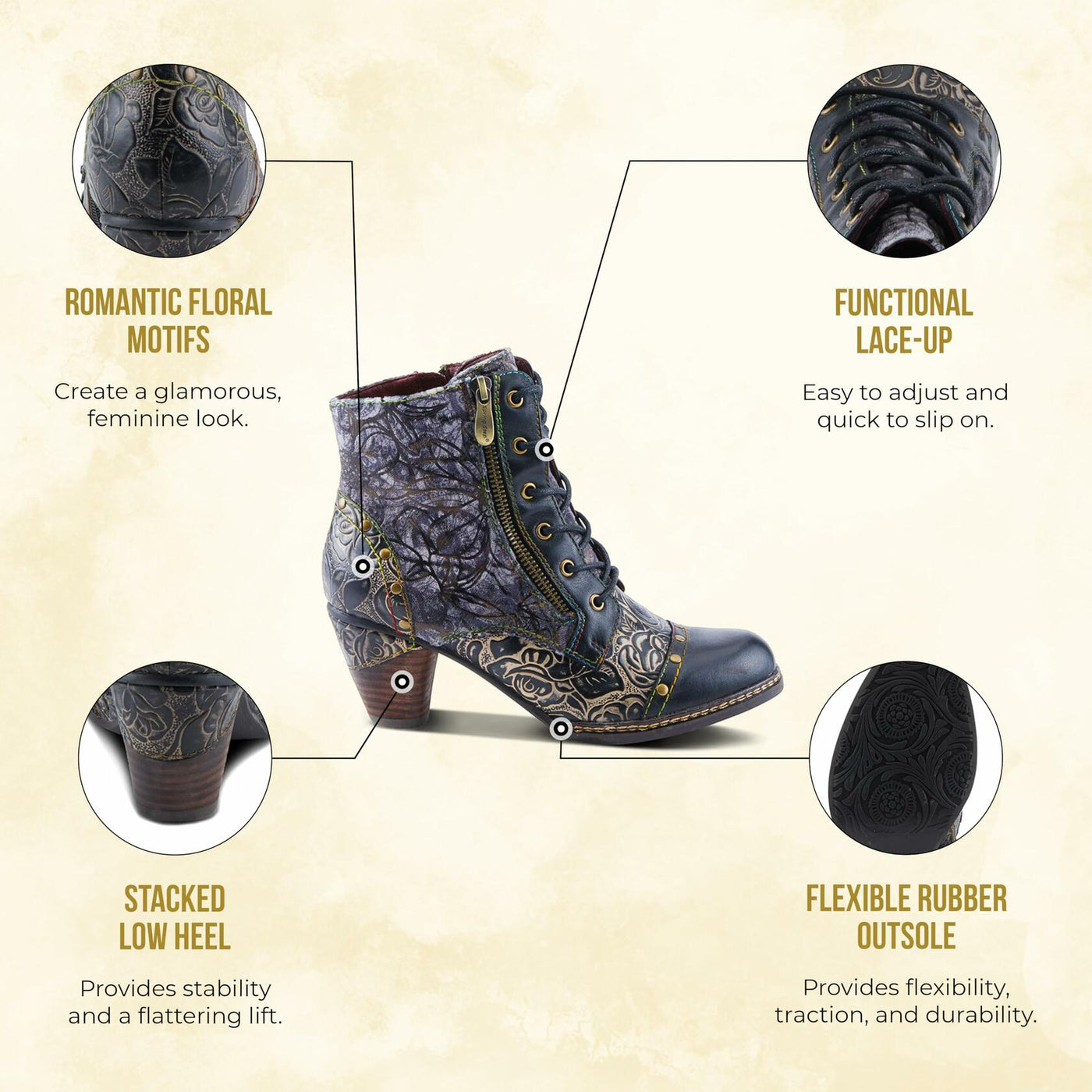 Spring Step L'Artiste Avyanna Women's Floral Velvet Bootie - Romantic Vibe, Glamorous Ankle Boots for Date Nights Medium Brown Multi EU 40 / US 9