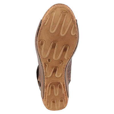 Spring Step Inocencia Women's Leather Wedge Sandals | Low Heel Sandals for Women with Floral Laser Cut Design, Hook and Loop Strap, Mediterranean Style Brown EU 38 / US 7.5-8