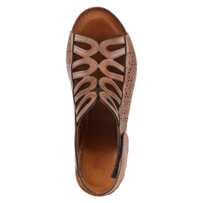 Spring Step Inocencia Women's Leather Wedge Sandals | Low Heel Sandals for Women with Floral Laser Cut Design, Hook and Loop Strap, Mediterranean Style Brown EU 41 / US 9.5-10