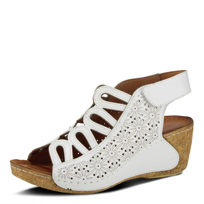 Spring Step Inocencia Women's Leather Wedge Sandals | Low Heel Sandals for Women with Floral Laser Cut Design, Hook and Loop Strap, Mediterranean Style White EU 42 / US 10.5-11