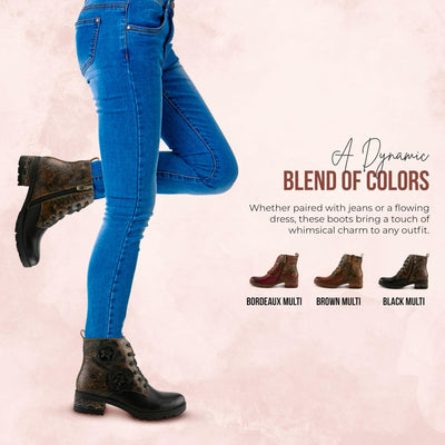 Spring Step L'Artiste Martinela Heeled Booties | Floral Appliqué Leather Ankle Boots with Artistic Touch BLACK MULTI EU 37 / US 6.5-7
