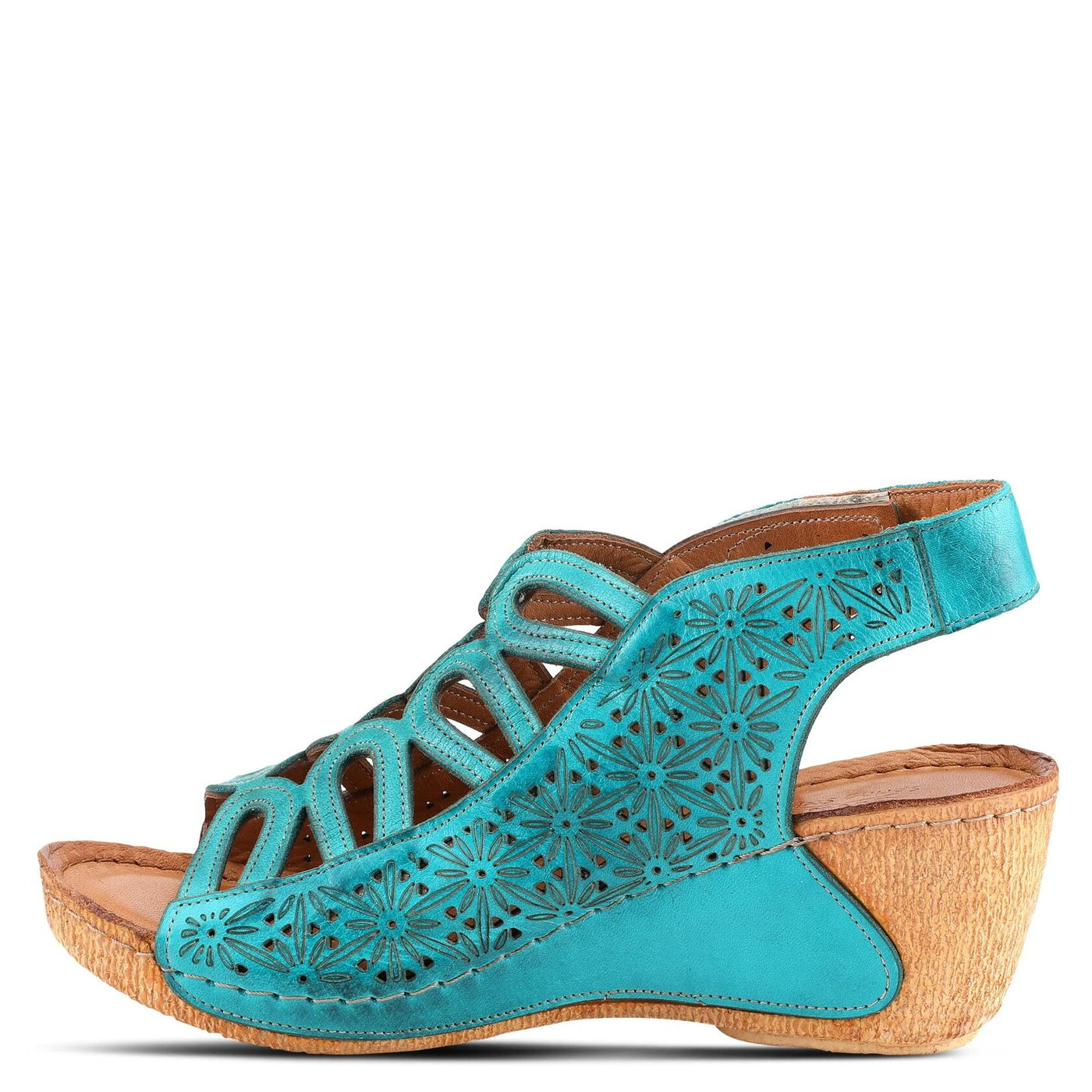Spring Step Inocencia Women's Leather Wedge Sandals | Low Heel Sandals for Women with Floral Laser Cut Design, Hook and Loop Strap, Mediterranean Style Turquoise EU 38 / US 7.5-8