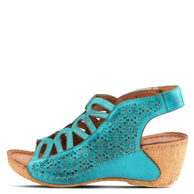 Spring Step Inocencia Women's Leather Wedge Sandals | Low Heel Sandals for Women with Floral Laser Cut Design, Hook and Loop Strap, Mediterranean Style Turquoise EU 38 / US 7.5-8