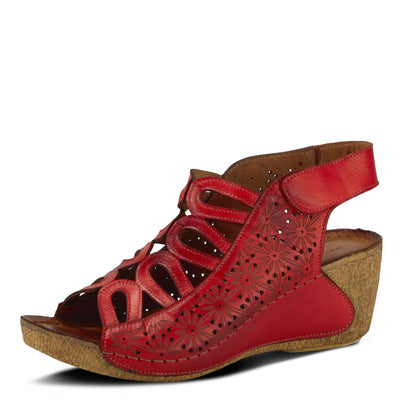 Spring Step Inocencia Women's Leather Wedge Sandals | Low Heel Sandals for Women with Floral Laser Cut Design, Hook and Loop Strap, Mediterranean Style Red EU 37 / US 6.5-7