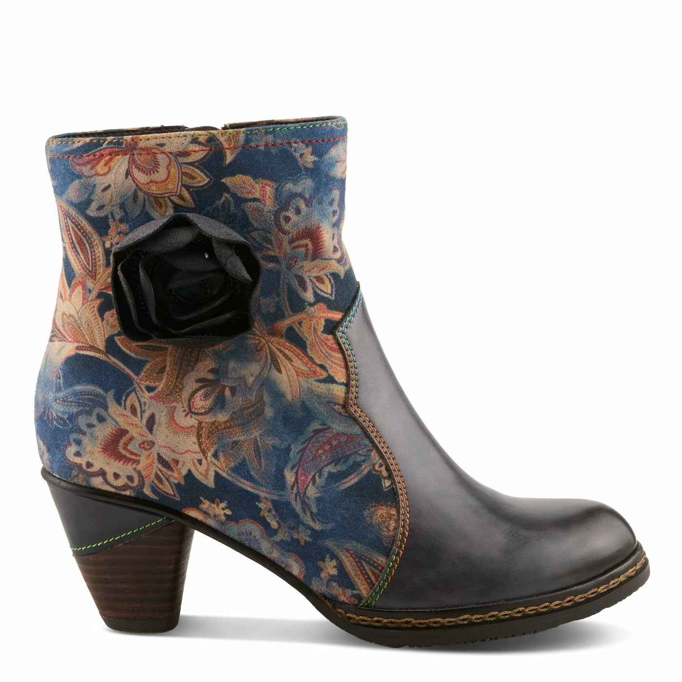 Spring Step L'Artiste Naima Heeled Booties | Floral-Printed Leather Ankle Boots with Rose Cutout Design BLUE MULTI EU 37 / US 6.5-7