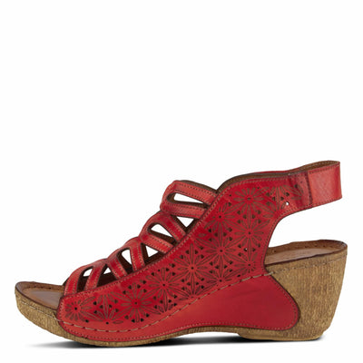 Spring Step Inocencia Women's Leather Wedge Sandals | Low Heel Sandals for Women with Floral Laser Cut Design, Hook and Loop Strap, Mediterranean Style Red EU 37 / US 6.5-7