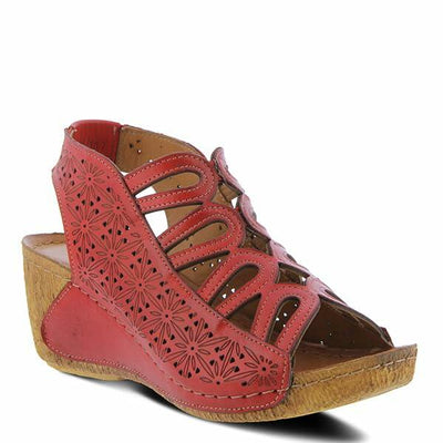 Spring Step Inocencia Women's Leather Wedge Sandals | Low Heel Sandals for Women with Floral Laser Cut Design, Hook and Loop Strap, Mediterranean Style Red EU 37 / US 6.5-7