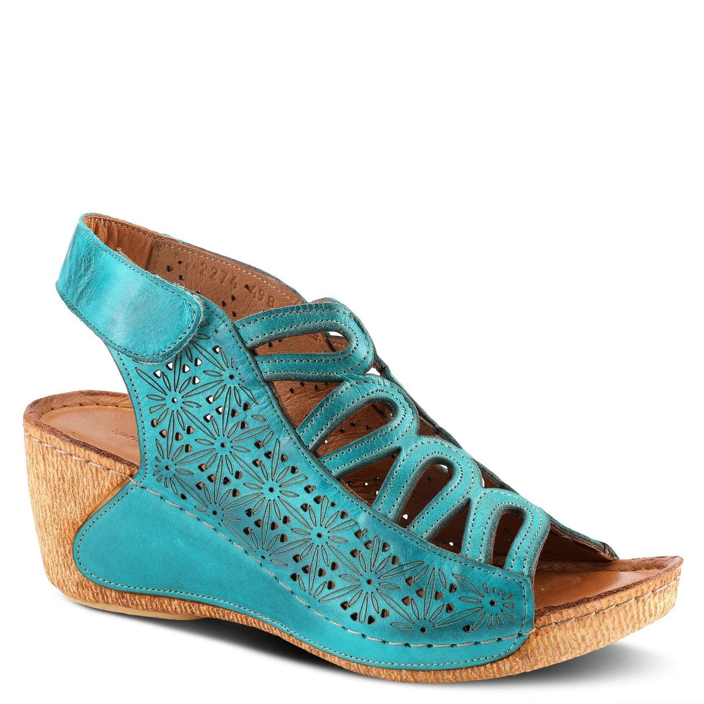 Spring Step Inocencia Women's Leather Wedge Sandals | Low Heel Sandals for Women with Floral Laser Cut Design, Hook and Loop Strap, Mediterranean Style Turquoise EU 38 / US 7.5-8