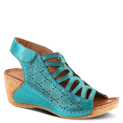 Spring Step Inocencia Women's Leather Wedge Sandals | Low Heel Sandals for Women with Floral Laser Cut Design, Hook and Loop Strap, Mediterranean Style Turquoise EU 38 / US 7.5-8