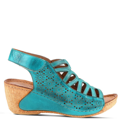 Spring Step Inocencia Women's Leather Wedge Sandals | Low Heel Sandals for Women with Floral Laser Cut Design, Hook and Loop Strap, Mediterranean Style Turquoise EU 38 / US 7.5-8