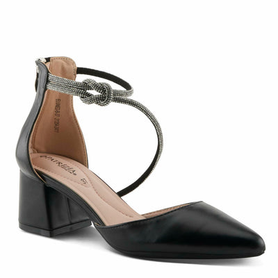 Spring Step L'Artiste Patrizia Women's Eluned Crystal Embellished Pointed-Toe Block Heel Pumps – Elegant Dress Shoes with Asymmetrical Straps & Knot Detail Black EU 38 / US 7.5-8