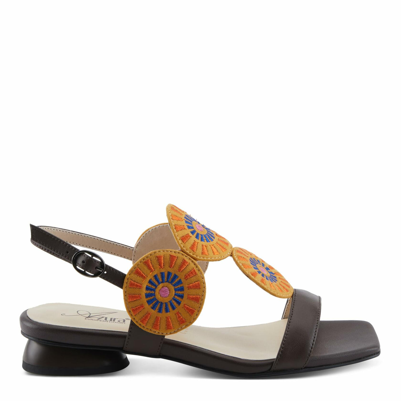 Azura Women's BROIDER Buckle Sandals - Leather Upper, Cushioned Footbed, Adjustable Slingback CHOCOLATE MULTI EU 40 / US 9