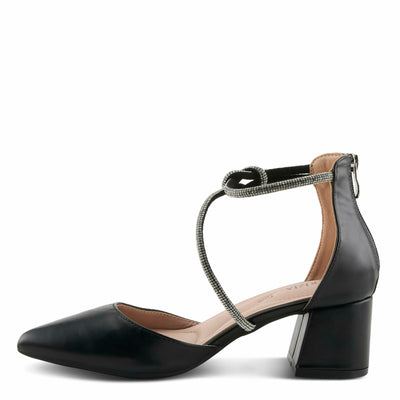 Spring Step L'Artiste Patrizia Women's Eluned Crystal Embellished Pointed-Toe Block Heel Pumps – Elegant Dress Shoes with Asymmetrical Straps & Knot Detail Black EU 38 / US 7.5-8