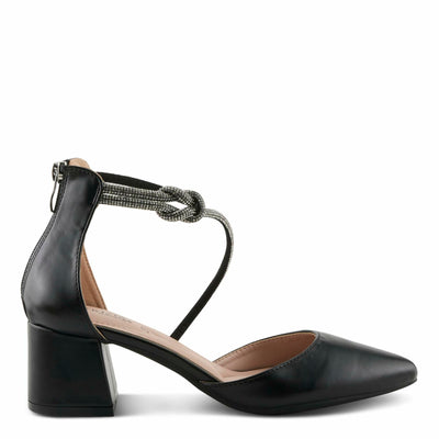 Spring Step L'Artiste Patrizia Women's Eluned Crystal Embellished Pointed-Toe Block Heel Pumps – Elegant Dress Shoes with Asymmetrical Straps & Knot Detail Black EU 38 / US 7.5-8