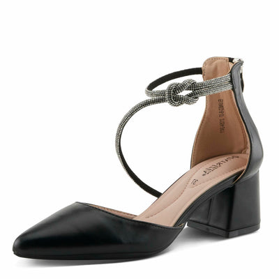 Spring Step L'Artiste Patrizia Women's Eluned Crystal Embellished Pointed-Toe Block Heel Pumps – Elegant Dress Shoes with Asymmetrical Straps & Knot Detail Black EU 38 / US 7.5-8