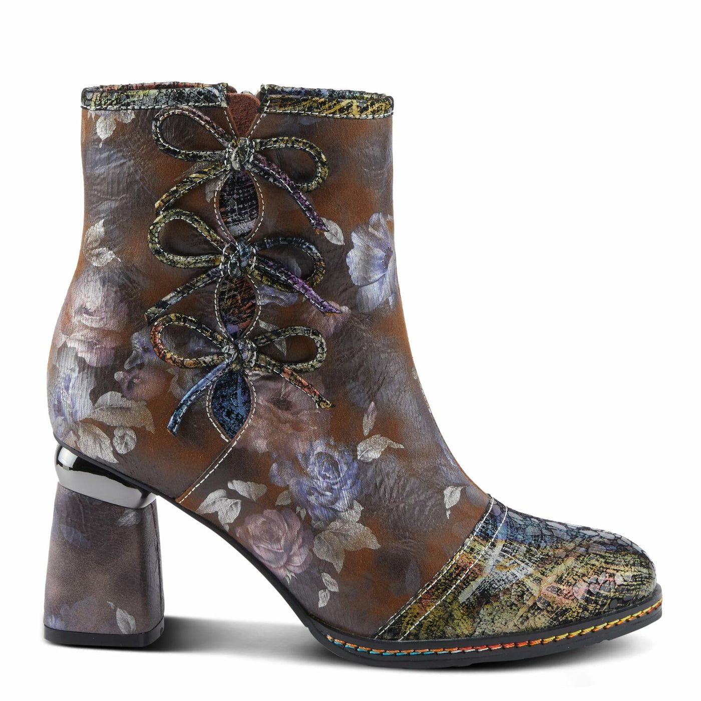 Spring Step L'Artiste Carre Women's Chic Bootie - Multi-Colored Metallics & Floral Designs, Stylish Heeled Ankle Boots Brown Multi EU 38/ US 7.5-8