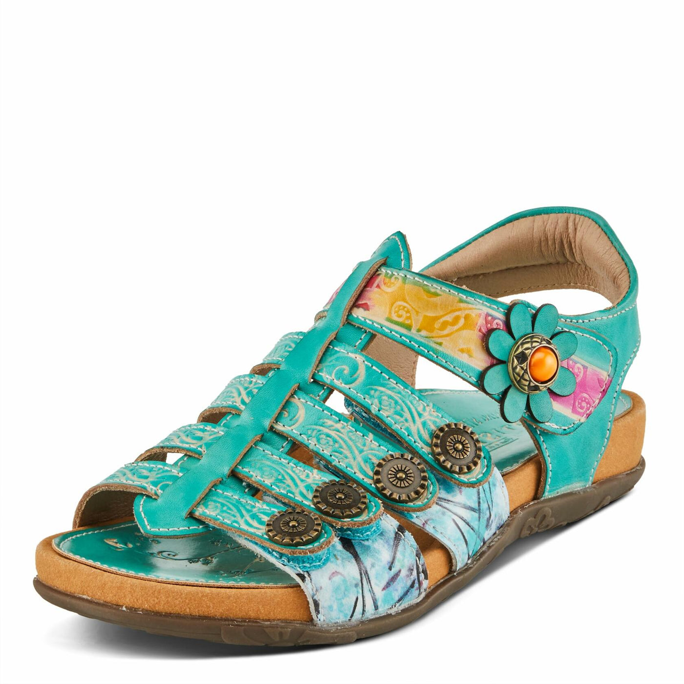 Spring Step L'Artiste Women's ACTIONETTA Artistic Sandals with Multiple Hook and Loop Closures Turquoise Multi EU 38 / US 7.5-8