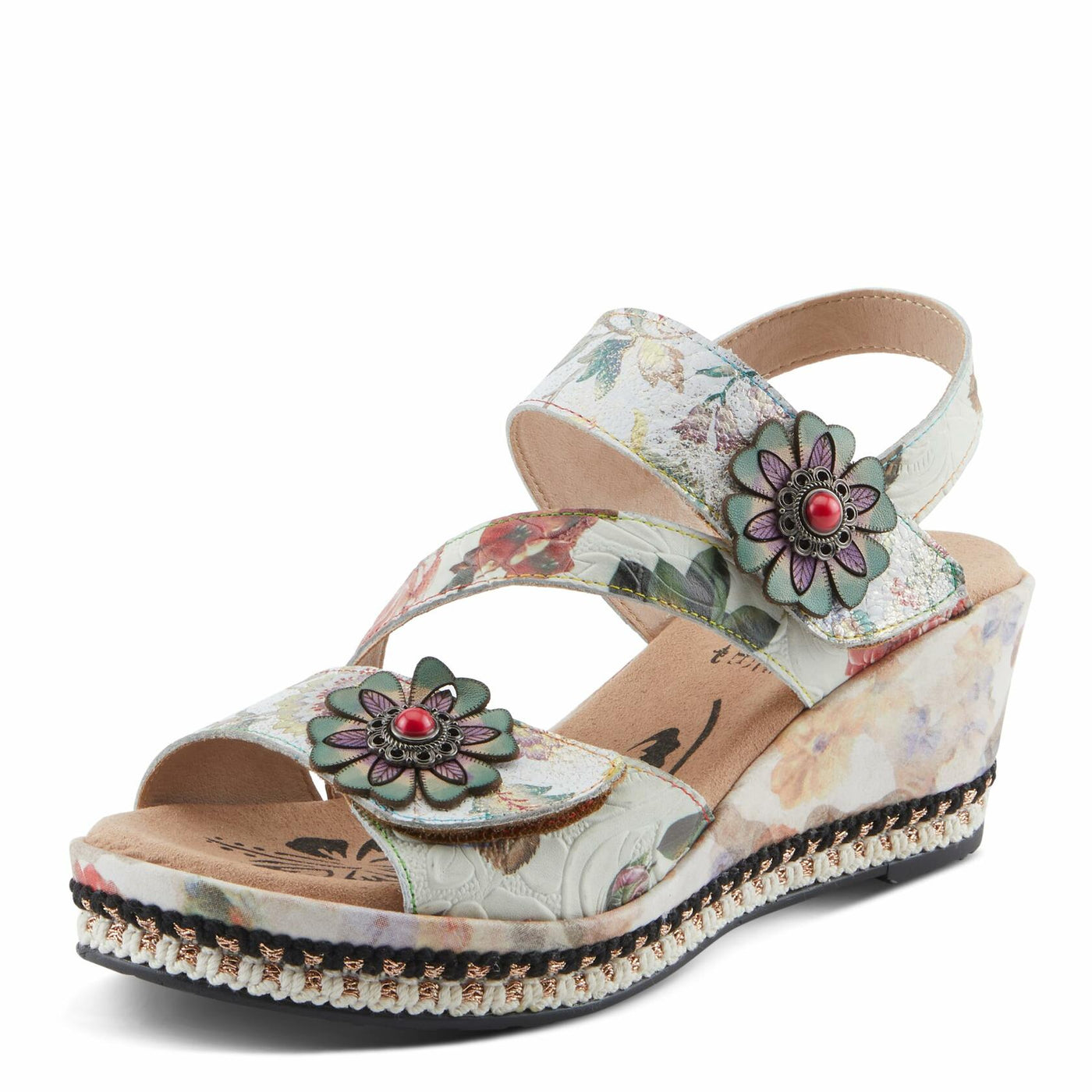 L'Artiste Women's BLISSFUL Hook and Loop Sandals - Floral Embossed Leather, Decorative Flower Accents, Adjustable Fit ICE MULTI EU 41 / US 9.5-10