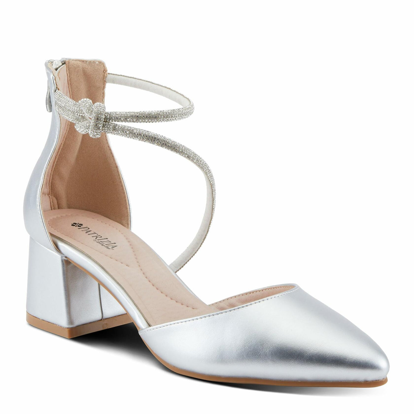 Spring Step L'Artiste Patrizia Women's Eluned Crystal Embellished Pointed-Toe Block Heel Pumps – Elegant Dress Shoes with Asymmetrical Straps & Knot Detail Silver EU 37 / US 6.5-7