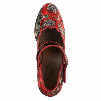 Spring Step L'Artiste Adodora Mary Jane Heeled Shoes for Women - Hand Painted Floral Tapestry, Hook and Loop with Velvet Lining Cushioned Insole, 2.5? Heel, Red Multi EU 37 / US 6.5-7
