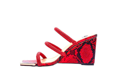 Ninety Union Angel 3 Band Metallic Snake Open Toe Wedge Slide, Red, 7