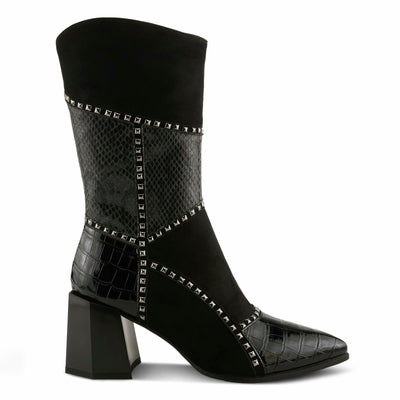 Azura Women's ZAYRINA Mid-Shaft Leather Boots with Animal Print, Stud Details, and Zipper Closure Black EU 42 / US 10.5-11
