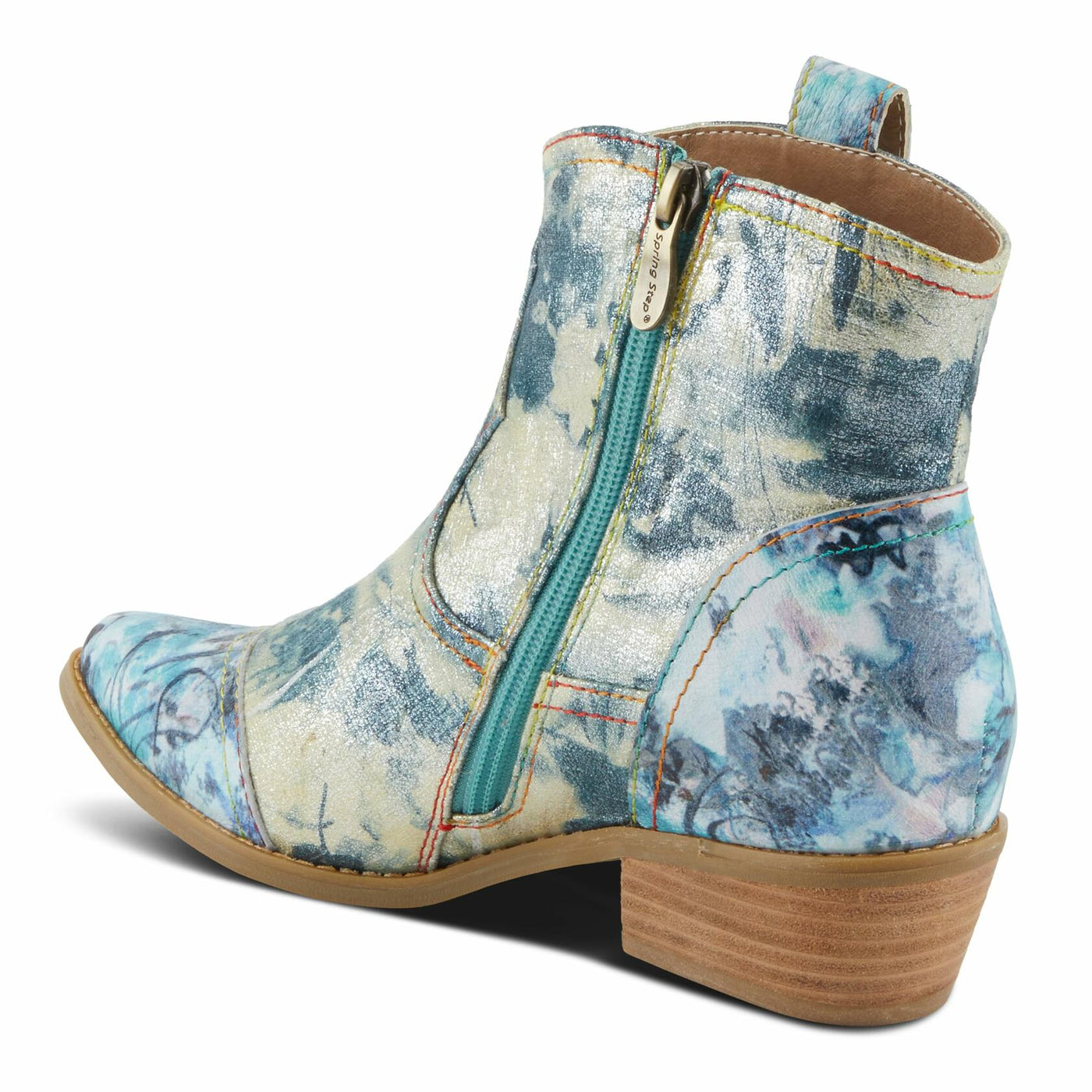 Spring Step L'Artiste Women's FLIRTINI Western Summer Boots - Metallic Leather, Pull Tabs, Low Stacked Heel Blue Multi EU 38 / US 7.5-8