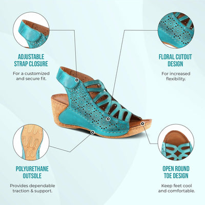 Spring Step Inocencia Women's Leather Wedge Sandals | Low Heel Sandals for Women with Floral Laser Cut Design, Hook and Loop Strap, Mediterranean Style Turquoise EU 38 / US 7.5-8