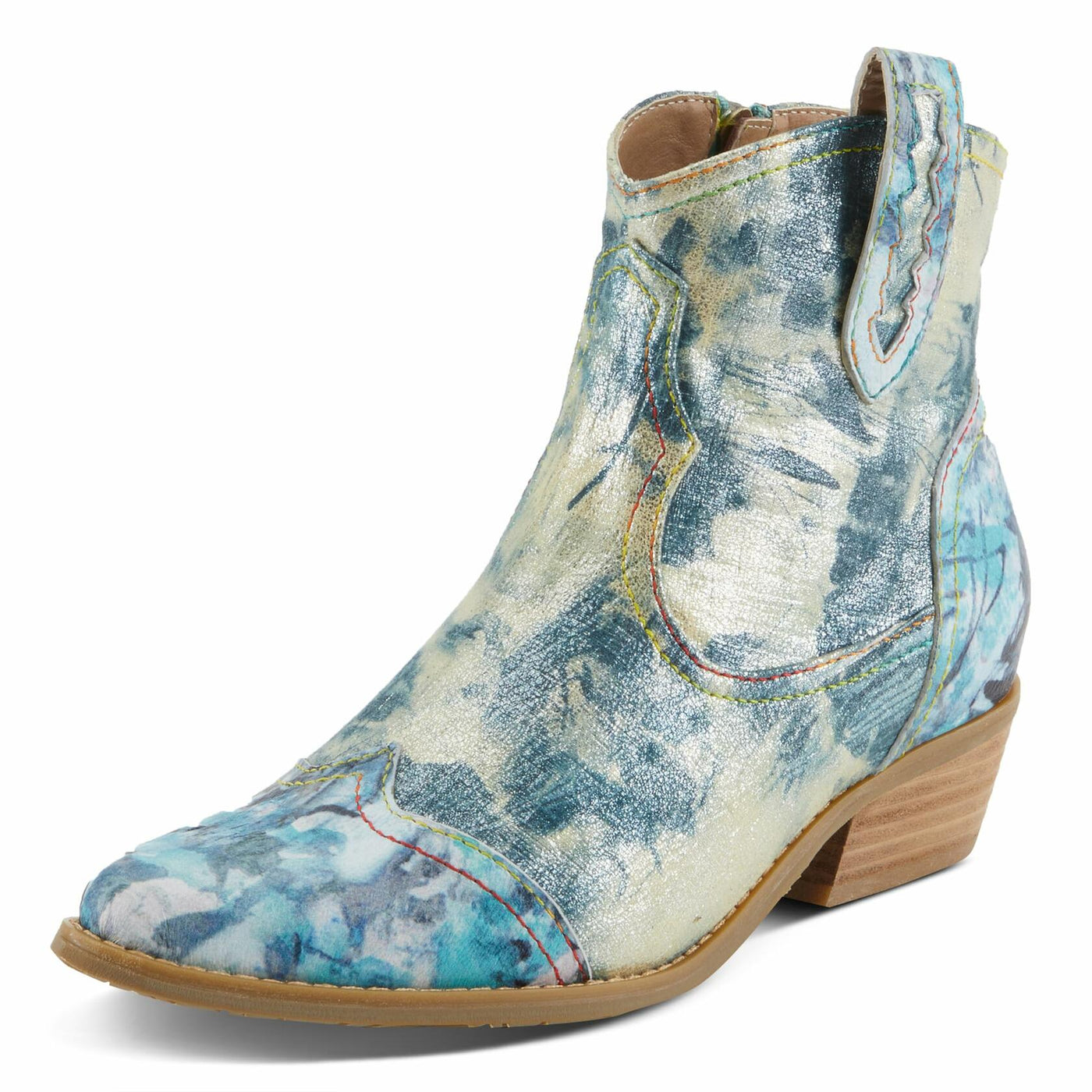 Spring Step L'Artiste Women's FLIRTINI Western Summer Boots - Metallic Leather, Pull Tabs, Low Stacked Heel Blue Multi EU 38 / US 7.5-8