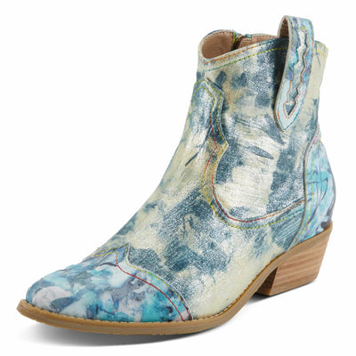 Spring Step L'Artiste Women's FLIRTINI Western Summer Boots - Metallic Leather, Pull Tabs, Low Stacked Heel Blue Multi EU 38 / US 7.5-8