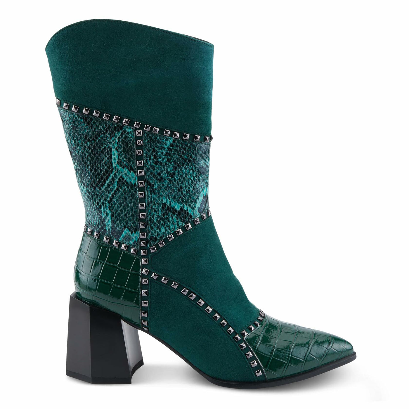 Azura Women's ZAYRINA Mid-Shaft Leather Boots with Animal Print, Stud Details, and Zipper Closure Green EU 35 / US 5