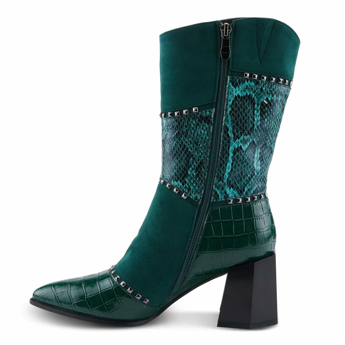Azura Women's ZAYRINA Mid-Shaft Leather Boots with Animal Print, Stud Details, and Zipper Closure Green EU 35 / US 5