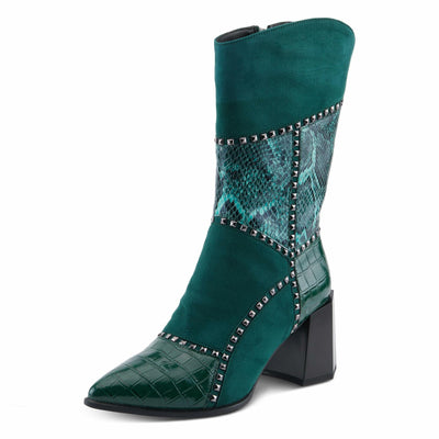 Azura Women's ZAYRINA Mid-Shaft Leather Boots with Animal Print, Stud Details, and Zipper Closure Green EU 35 / US 5