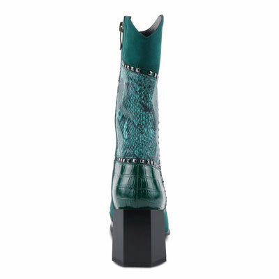 Azura Women's ZAYRINA Mid-Shaft Leather Boots with Animal Print, Stud Details, and Zipper Closure Green EU 35 / US 5