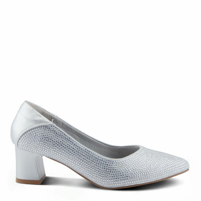 PATRIZIA Women's Senna Block Heel Pumps with Pointy-Toe Silhouette, Shimmering Crystals, and Comfortable Fit Silver EU 37 / US 6.5-7
