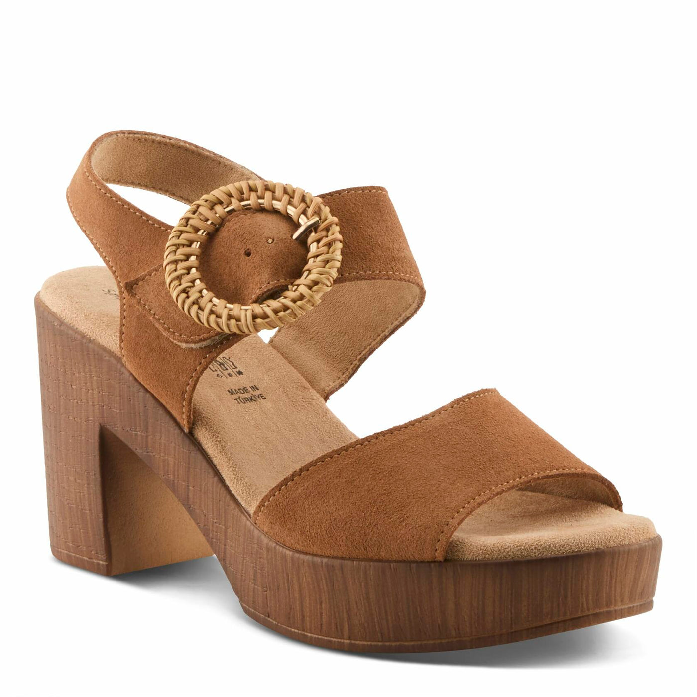Spring Step Women's Gamona Ankle-Strap Heeled Sandal with Decorative Buckle - Cork Chunky High Heel Tan Suede EU 39/8.5