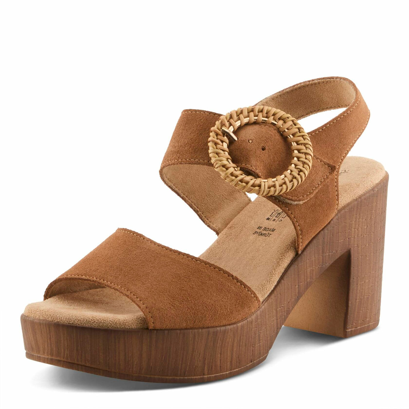Spring Step Women's Gamona Ankle-Strap Heeled Sandal with Decorative Buckle - Cork Chunky High Heel Tan Suede EU 39/8.5