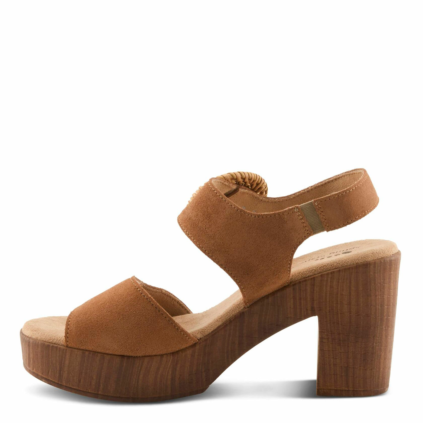 Spring Step Women's Gamona Ankle-Strap Heeled Sandal with Decorative Buckle - Cork Chunky High Heel Tan Suede EU 39/8.5