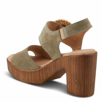 Spring Step Women's Gamona Ankle-Strap Heeled Sandal with Decorative Buckle - Cork Chunky High Heel Olive Suede EU 39/8.5