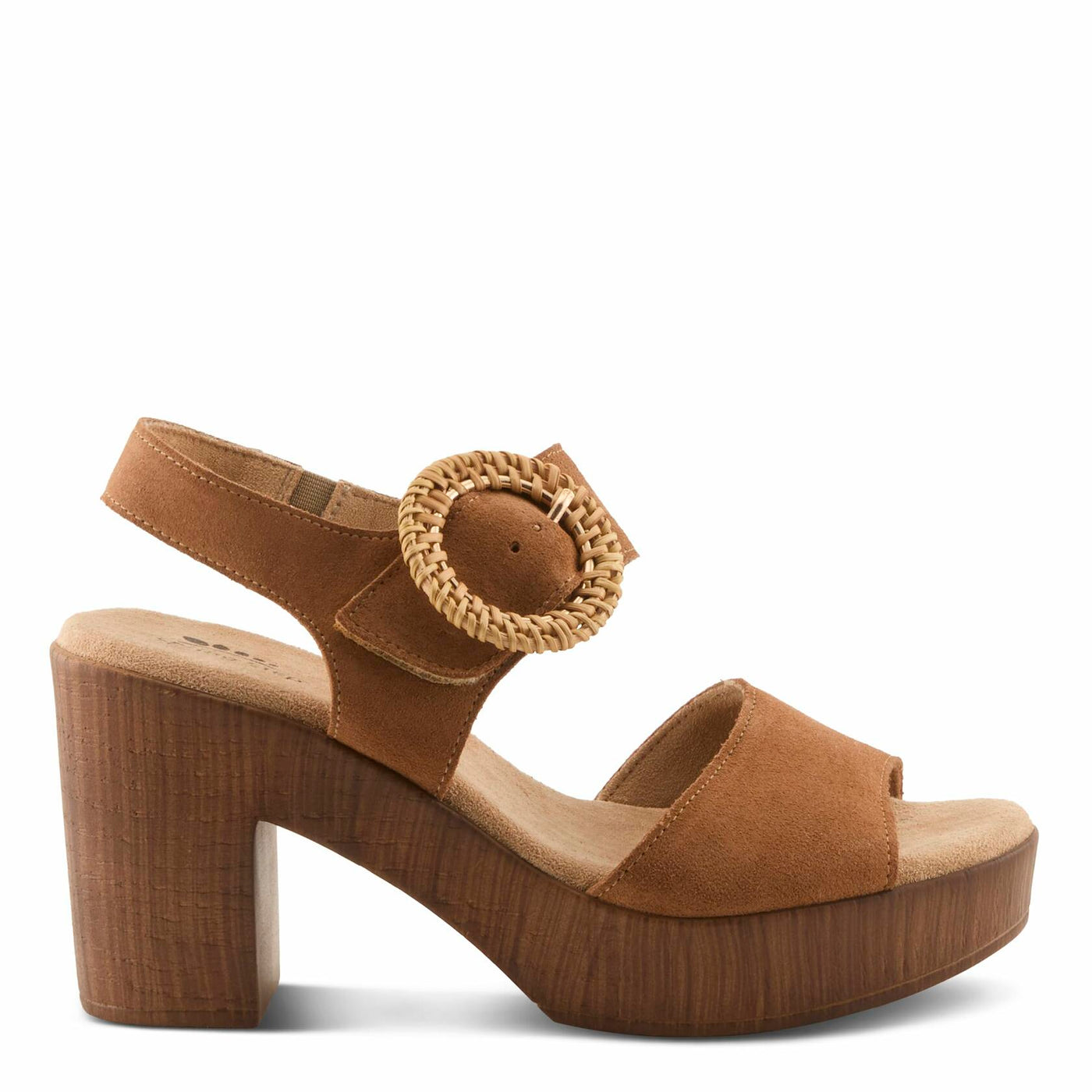 Spring Step Women's Gamona Ankle-Strap Heeled Sandal with Decorative Buckle - Cork Chunky High Heel Tan Suede EU 39/8.5