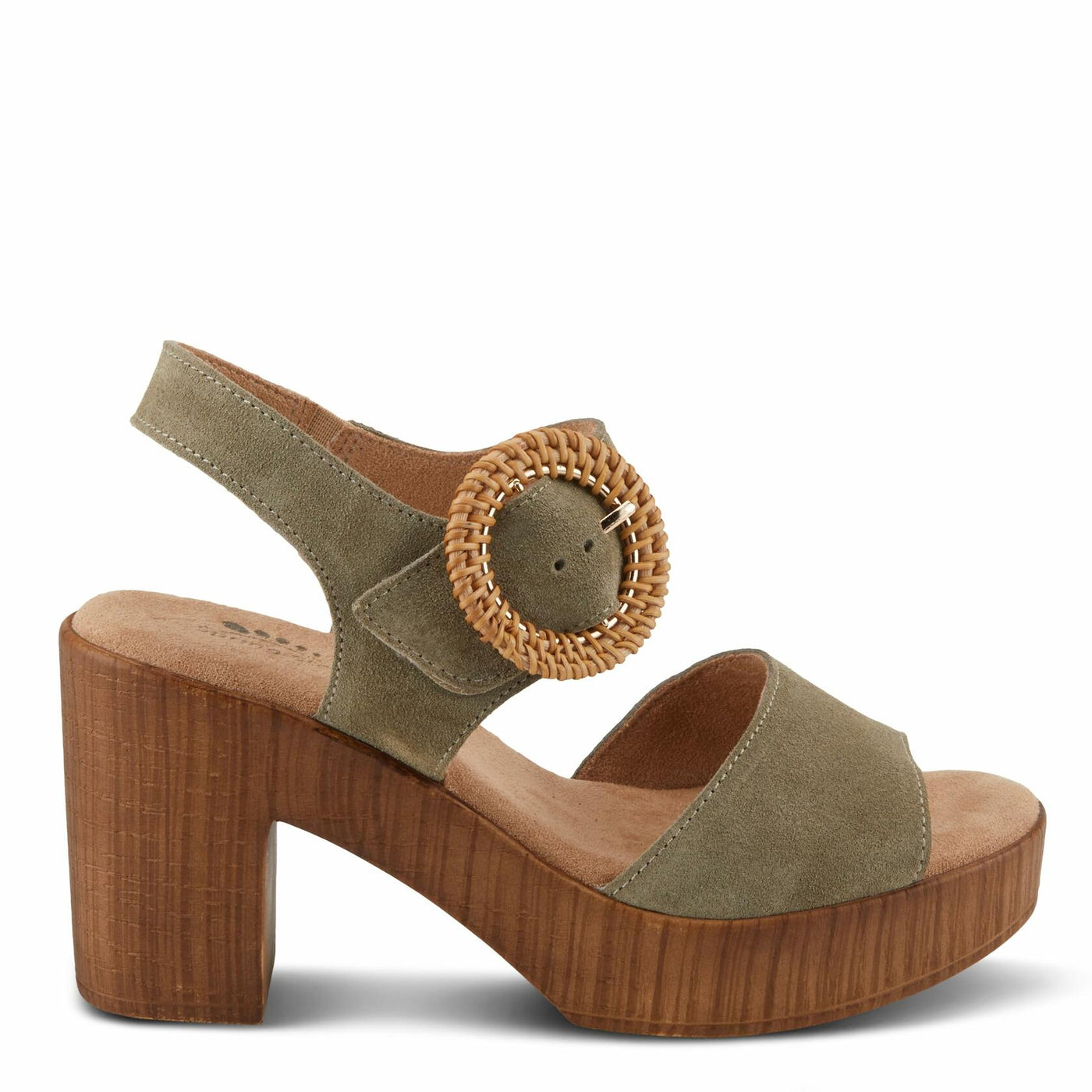 Spring Step Women's Gamona Ankle-Strap Heeled Sandal with Decorative Buckle - Cork Chunky High Heel Olive Suede EU 39/8.5