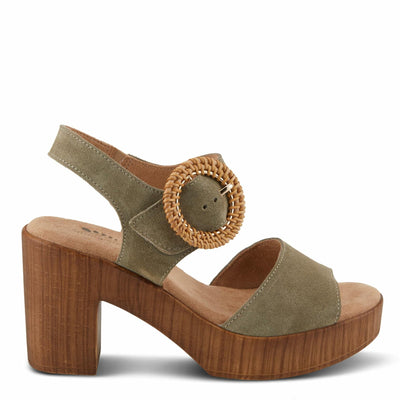Spring Step Women's Gamona Ankle-Strap Heeled Sandal with Decorative Buckle - Cork Chunky High Heel Olive Suede EU 39/8.5